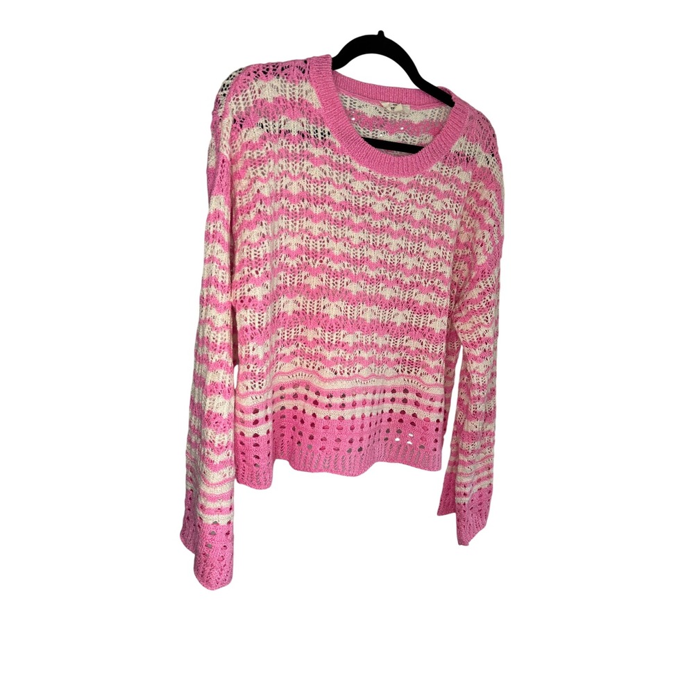 Entro Pink White Striped Crochet Knit Sweater Size L